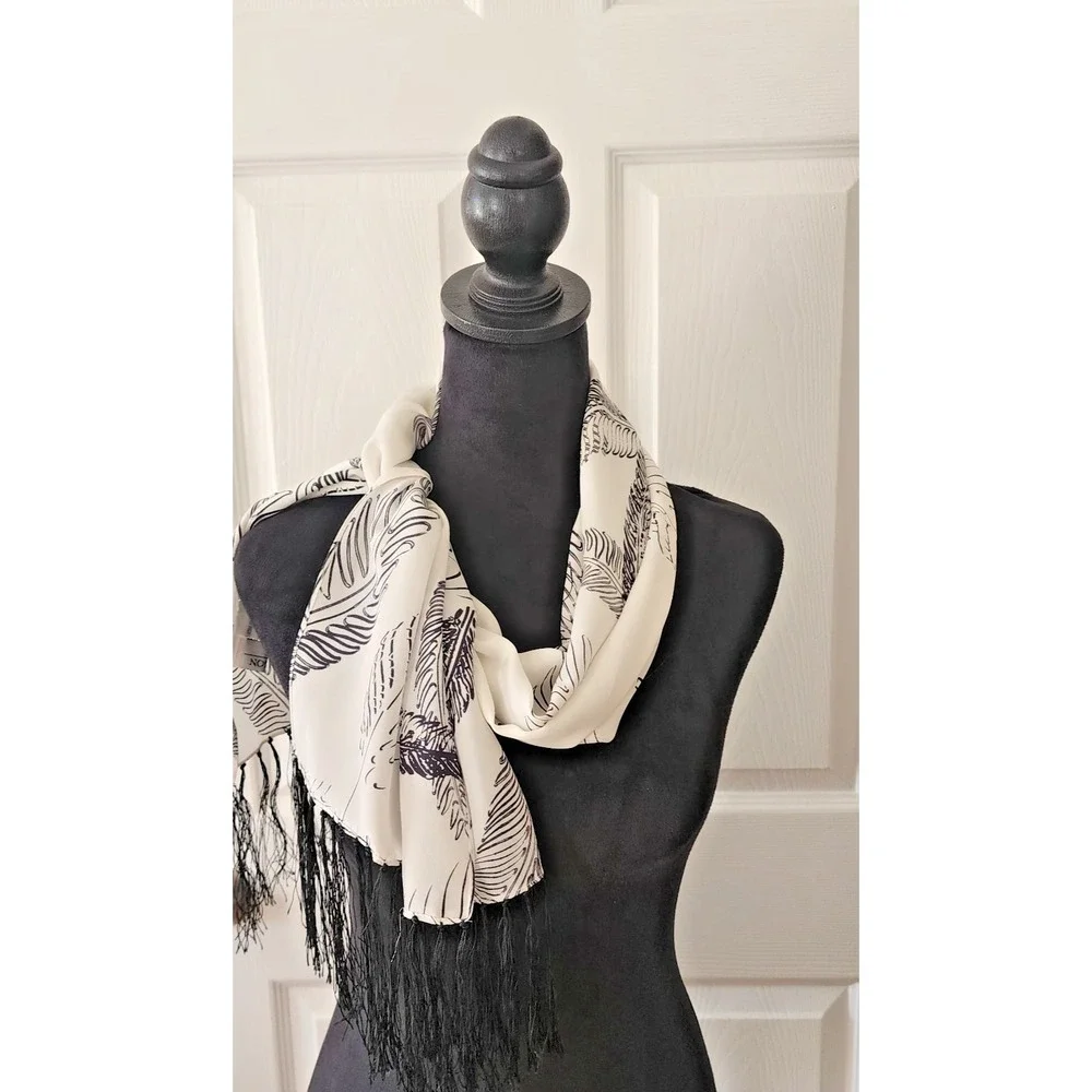 Allison W Black and White Feather Print Silk Oblong scarf  48